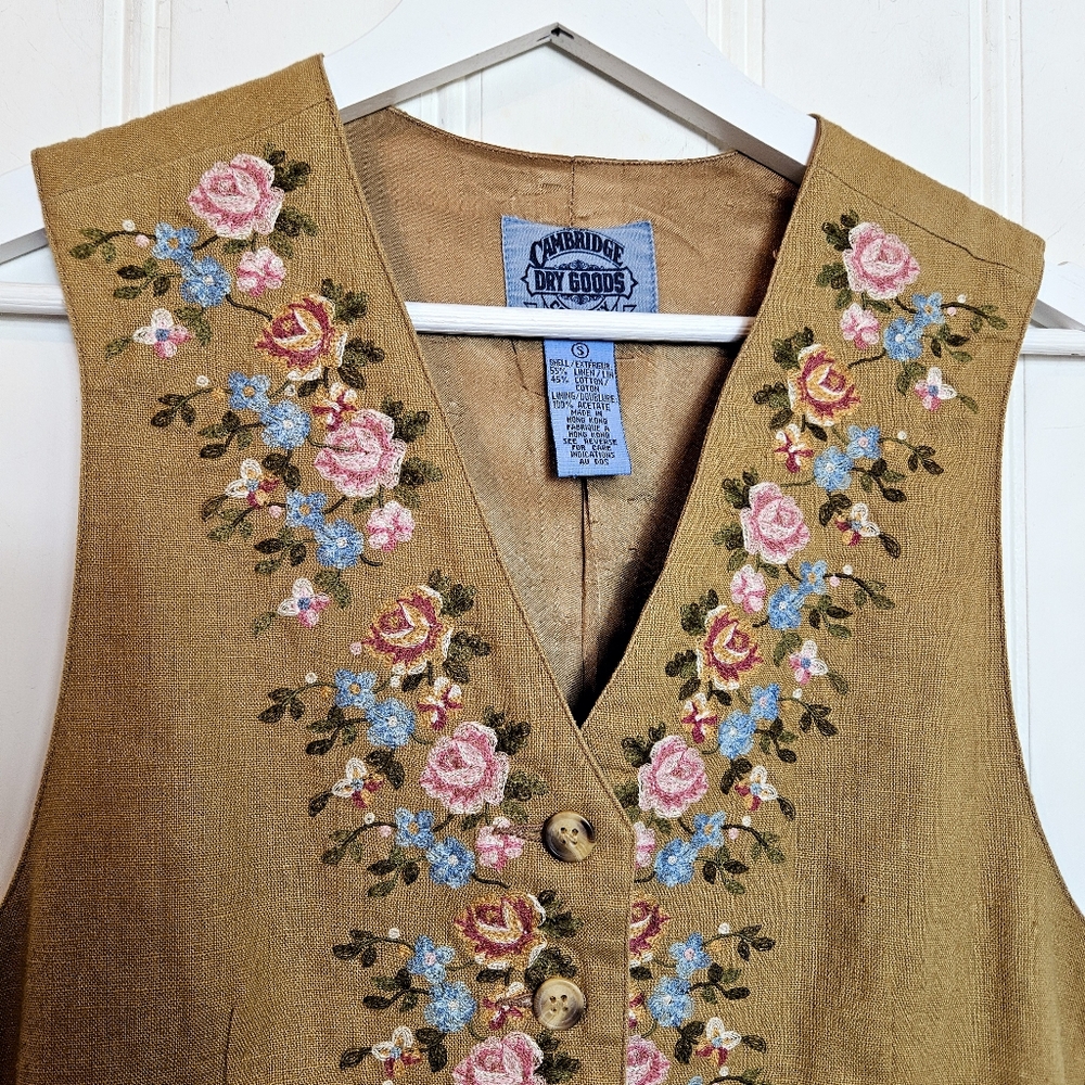 Cambridge Dry Goods Vest Women's Size S Tan Linen Blend Embroidered Floral - Picture 3 of 11